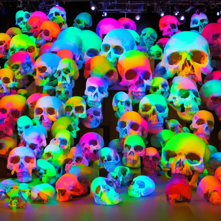 Image similar to fluxus performance of gradient colors light projection onto several giant skulls in a cramped art gallery, high contrast hyperrealism trending on arstation 8 k