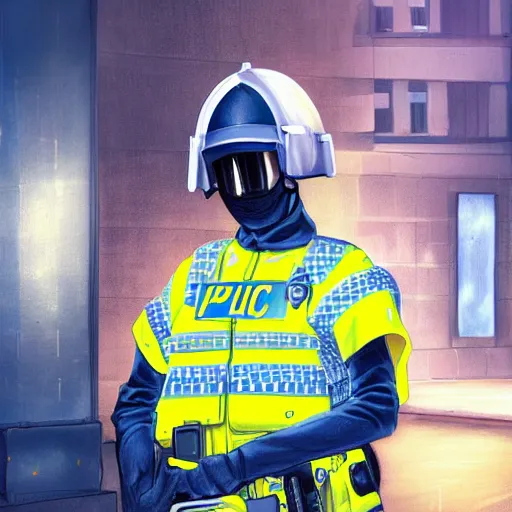 Prompt: A British police officer in London, wearing hivis and and a custodian helmet, anime art style, highly detailed, ambient lighting, trending on art station