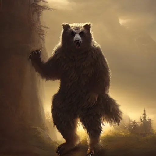 Prompt: a beautiful closeup shot from a fantasy film of a humanoid grey owlbear wearing a loose tunic. an anthropomorphic owlbear. golden hour. joseph ducreux, greg rutkowski.