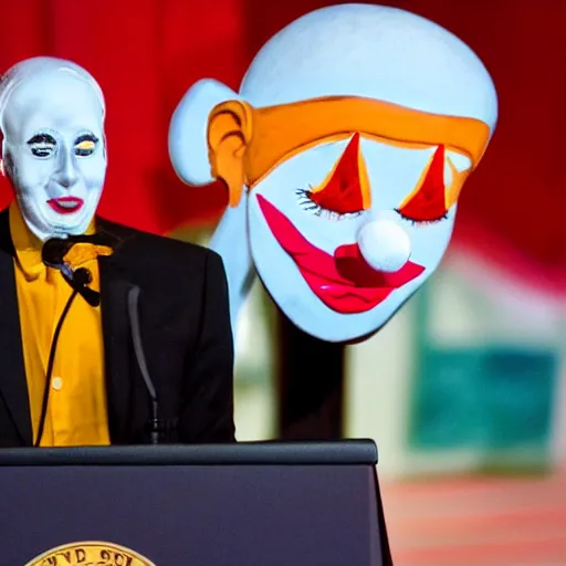 Image similar to string marionette of a president with clown makeup in a podium and a human shadow behind