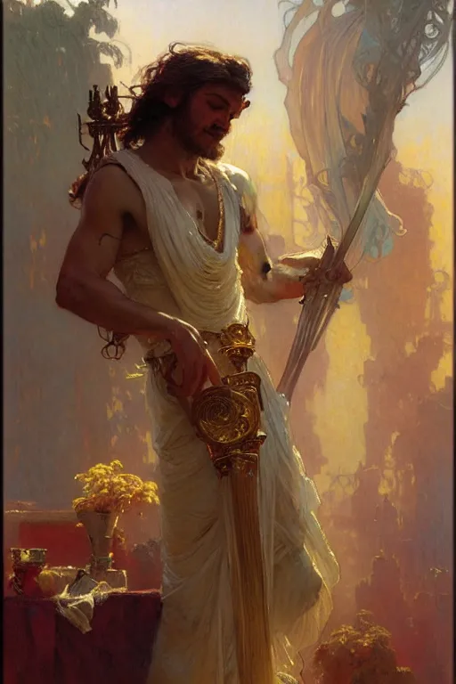 Image similar to god of music, male character design, painting by gaston bussiere, craig mullins, greg rutkowski, alphonse mucha, trending on artstation