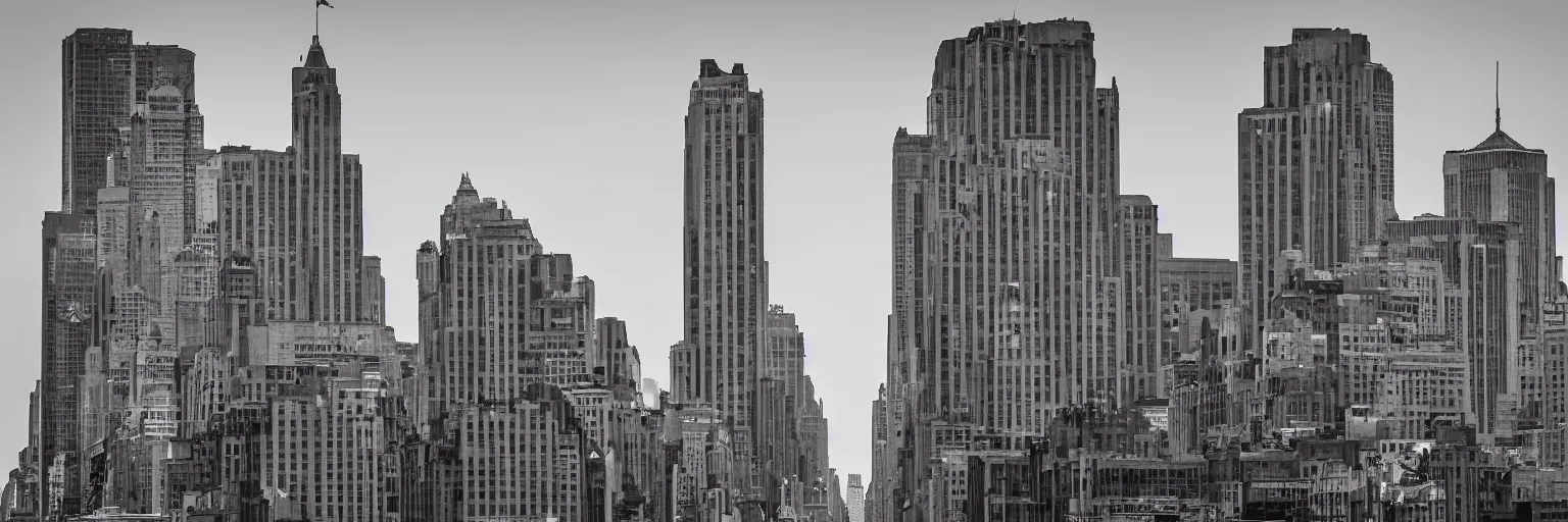 Image similar to Downtown. Art deco. Metropolis. Sense of awe. Photoreal. Low angle wide shot. Monochrome