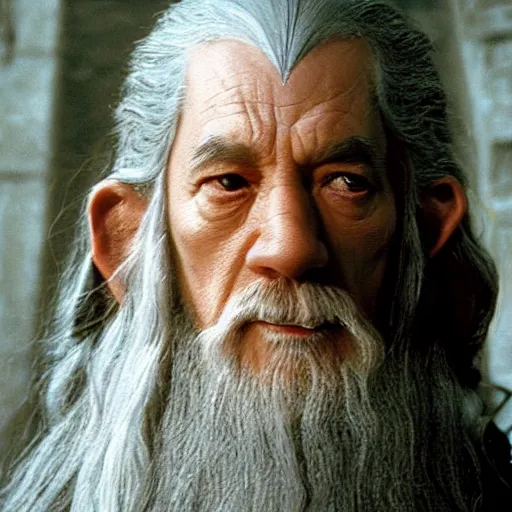 Image similar to a still from “ lord of the rings ” of a head and shoulders portrait of gandalf played by fei lung without beard, photo by phil noto