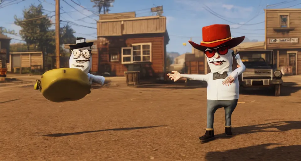 Image similar to Screenshot of Master Shake from Aqua Teen Hunger Force as a 3d cowboy in full cowboy attire in the videogame 'Red Dead Redemption 2'. Sharpened. 1080p. High-res. Ultra graphical settings.