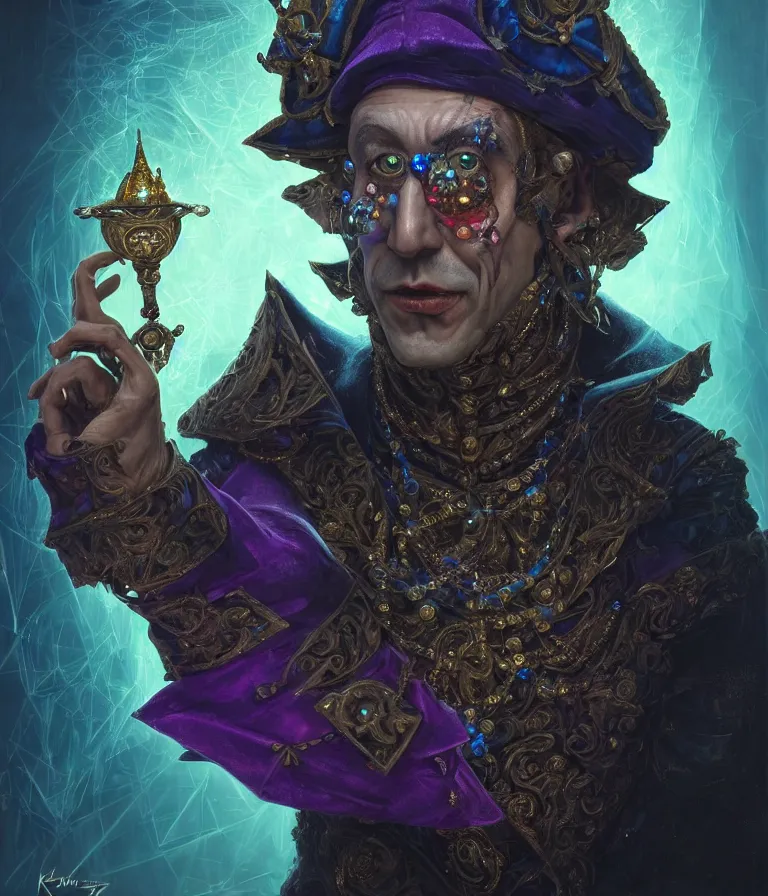 Image similar to front!!! shot of a court jester!!! character, mesmerizing hypercubes, dark holography!!!, future, oil slick, crystalline edges, (((intricate))), elegant, highly detailed, centered, (((artstation, concept art, smooth, sharp focus, artgerm, Tomasz Alen Kopera, Peter Mohrbacher, donato giancola, Joseph Christian Leyendecker, WLOP, Boris Vallejo))), ((raytracing)), mugshot!!!!!, ugly!!!!!!, octane render, nvidia raytracing demo, octane render, nvidia raytracing demo, octane render, nvidia raytracing demo, grainy, muted, 8K, digitalblasphemy, metatron