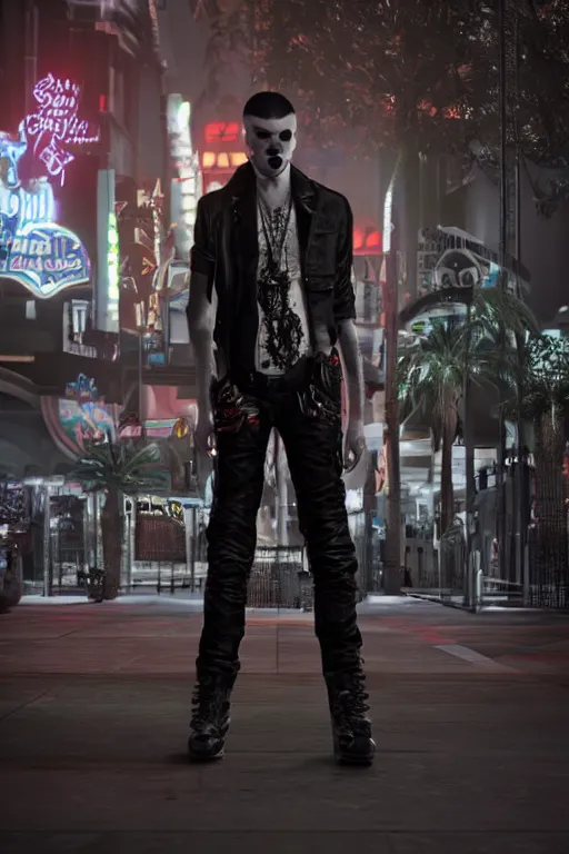 Image similar to full body portrait of a punk vampire in the shadows of the Las Vegas strip at night, cinematic, hyper realism, high detail, octane render, 8k, CGsociety, concept art