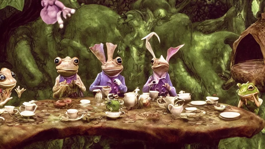 Prompt: A movie screenshot of frogs and toads (by Brian Froud) having tea with Alice in Wonderland, directed by Francis Ford Coppola, cinematic, balanced composition, whimsical.