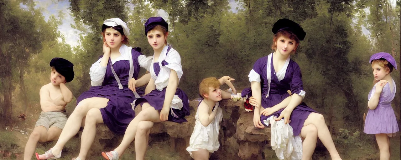 Prompt: A character sheet of many full body cute Emma Watsons with short hair wearing an oversized purple Beret, Purple overall shorts, Short Puffy pants made of silk, pointy jester shoes, a big billowy scarf, and white leggings. Rainbow accessories all over. Flowing fabric. Covered in stars. Short Hair. Art by william-adolphe bouguereau and Paul Delaroche and Alexandre Cabanel and Lawrence Alma-Tadema and WLOP and Artgerm. Fashion Photography. Decora Fashion. harajuku street fashion. Kawaii Design. Intricate, elegant, Highly Detailed. Smooth, Sharp Focus, Illustration Photo real. realistic. Hyper Realistic. Sunlit. Moonlight. Dreamlike. Surrounded by clouds. 4K. UHD. Denoise.