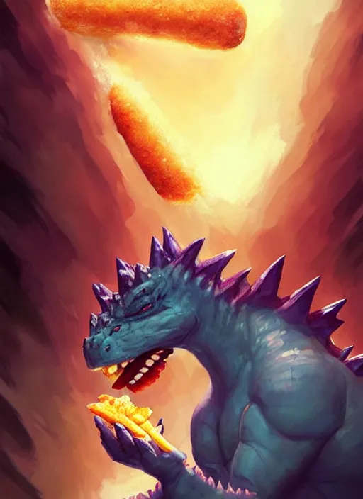 Image similar to beautiful portrait of Godzilla eating a corndog. character design by charlie bowater, ross tran, artgerm, and makoto shinkai, detailed, inked, western comic book art