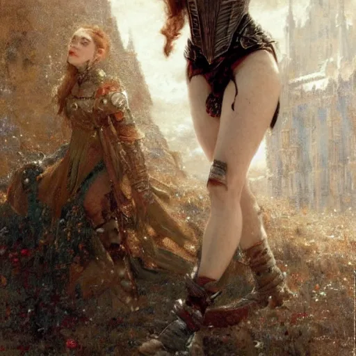 Image similar to redhead emilia clarke wearing black ornamented medieval armour, bare legs, detailed, by gaston bussiere, bayard wu, greg rutkowski, giger, maxim verehin, greg rutkowski, masterpiece, sharp focus, cinematic lightning