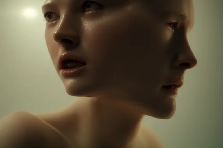 Image similar to vfx film closeup, robots, death, love, flat color profile low - key lighting award winning photography arri alexa cinematography, hyper real photorealistic cinematic beautiful natural skin, famous face, atmospheric cool colorgrade