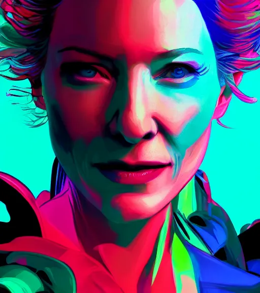 Image similar to cate blanchett ,neon colors, strong lighting, by Josan Gonzalez, HD, 4K