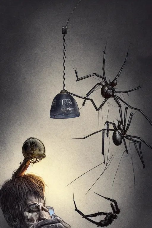 Prompt: a close - up view of an explorer holding a lamp in front of him, with an enormous monstrous spider right behind, dramatic lighting, low angle, wide angle, creepy, horrific, realistic, fantasy art, highly detailed digital art, in the style of emanuele taglietti