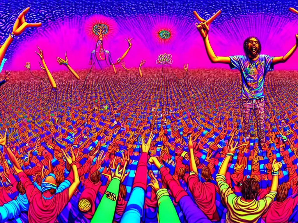 Image similar to rapping on stage at festival, holding microphone, giant crowd, epic angle, happy, psychedelic, hip hop, surreal, neon, vaporwave, detailed, illustrated by Alex Grey, 4k