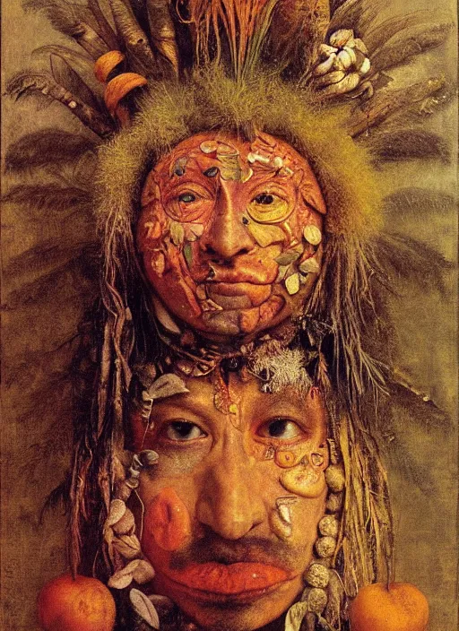 Prompt: a surreal painting of a radiant shaman's face, by Giuseppe Arcimboldo, symbolist, soft colors, dramatic lighting, smooth, sharp focus, extremely detailed, aesthetically pleasing composition