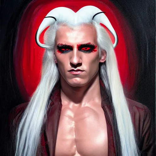 Image similar to buffed guy, long white hair, horns, red eye makeup, painting by by ralph grady james, jean christian biville