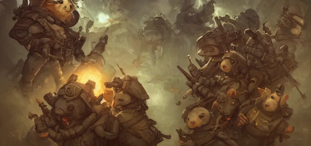 Prompt: cute little anthropomorphic Guinea Pig soldiers storming a base, ultra wide lens shot , tiny, small, short, Pilot outfit, cute and adorable, pretty, beautiful, DnD character art portrait, matte fantasy painting, DeviantArt Artstation, by Jason Felix by Steve Argyle by Tyler Jacobson by Peter Mohrbacher, cinematic lighting