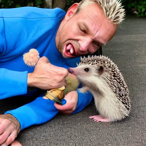 Prompt: a hedgehog biting the nose of a Middle aged blond Slavic man, shirtless, wearing bright blue tracksuit pants