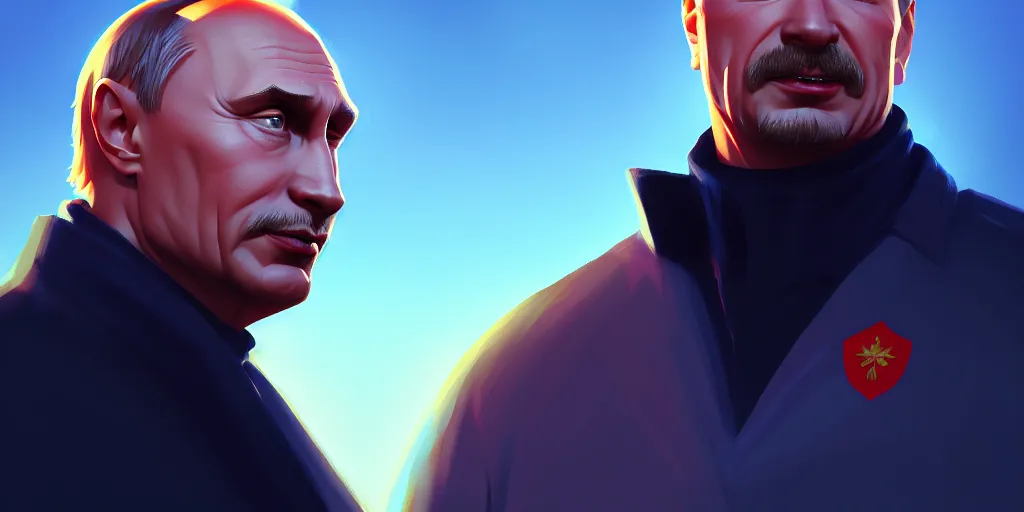 Prompt: low angle portrait of vladimir putin, tepainting concept Blizzard pixar maya engine on stylized background splash comics global illumination lighting artstation lois van baarle, ilya kuvshinov, rossdraws