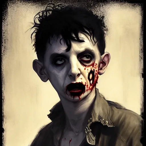 Prompt: young marc almond as a zombie looking somber, 7 days to die zombie, gritty background, fine art, award winning, intricate, elegant, sharp focus, cinematic lighting, digital painting, 8 k concept art, art by michael hussar, art by brom, art by guweiz and z. w. gu, 8 k