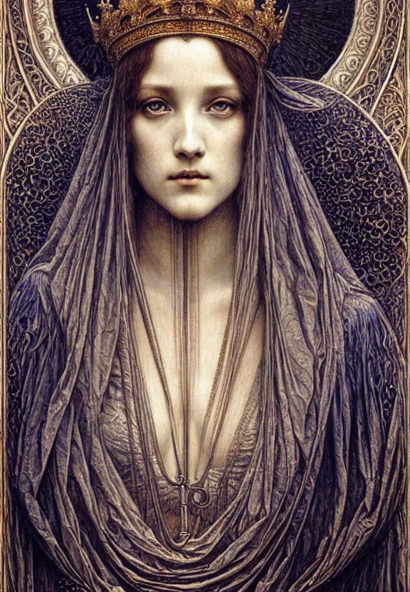 Image similar to detailed realistic beautiful young medieval queen face portrait by jean delville, gustave dore and marco mazzoni, art nouveau, symbolist, visionary, gothic, pre - raphaelite. horizontal symmetry