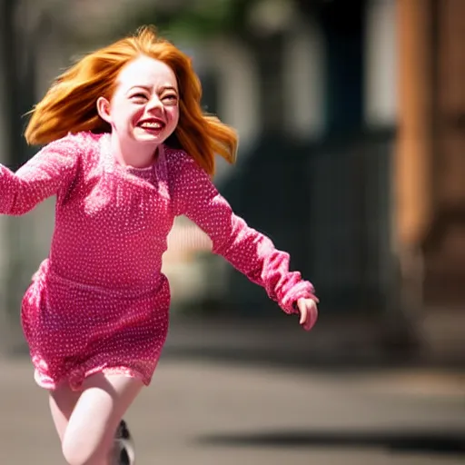 Image similar to portrait of midget emma stone running down a sidewalk, sharp focus, 4 k editorial photograph, soft lighting