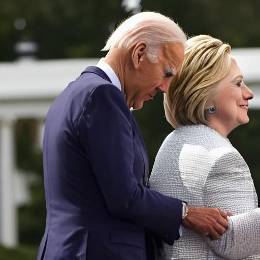 Prompt: joe biden deeply sniffing hillary clinton's hair on her head from behind at the white house