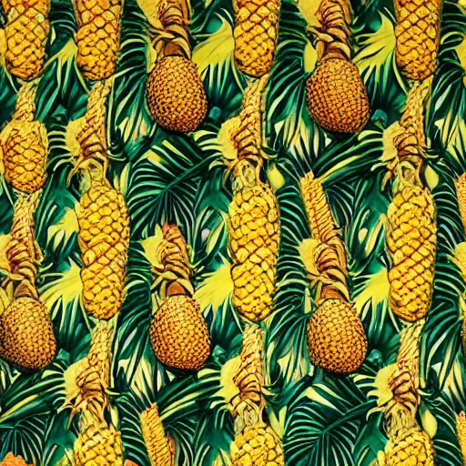 Prompt: pineapples, corn, and bananas in the jungle by kehinde wiley