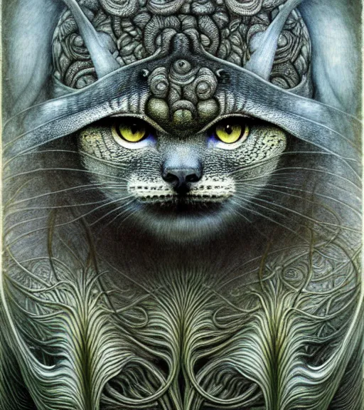 Image similar to detailed realistic beautiful manul portrait by jean delville, gustave dore, iris van herpen and marco mazzoni, art forms of nature by ernst haeckel, art nouveau, symbolist, visionary, gothic, neo - gothic, pre - raphaelite, fractal lace, intricate alien botanicals, ai biodiversity, surreality, hyperdetailed ultrasharp octane render