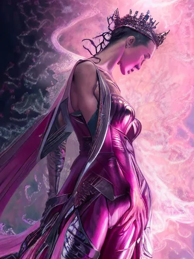 Prompt: pink portrait of young beautiful female angel queen Gal Gadot head wearing shiny pink crown, subtle purple accents, hyper details, black metal rococo, sculpted by Alex Alice, Craig Mullins, yoji shinkawa, trending on artstation, beautifully lit, Peter mohrbacher, hyper detailed, insane details, intricate, elite, elegant, luxury, ray of light through smoke, CGsociety, hypermaximalist, golden ratio, background urban cityscape, night, neofuture, volumetric, octane render, weta digital, micro details, 3d sculpture