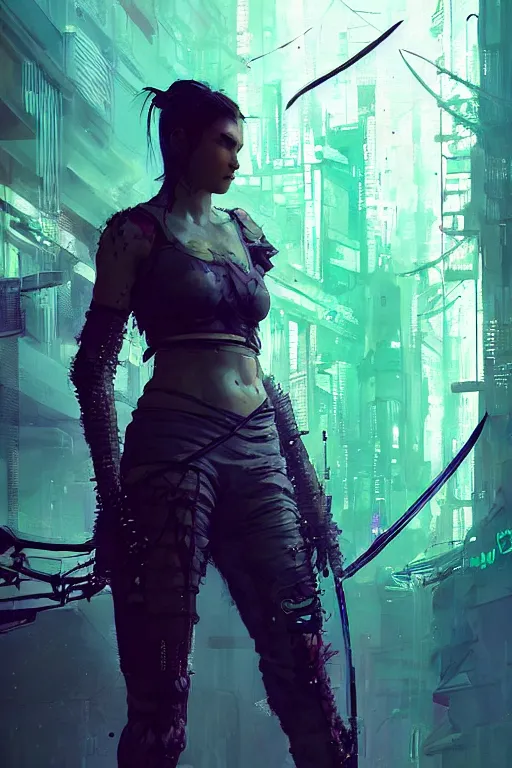 Image similar to horizon zero down, cyberpunk futuristic neon. fencing, long sword in her hand, decorated with traditional japanese ornaments by ismail inceoglu dragan bibin hans thoma greg rutkowski alexandros pyromallis nekro rene maritte illustrated, perfect face, fine details, realistic shaded, fine - face, pretty face, masterpiece