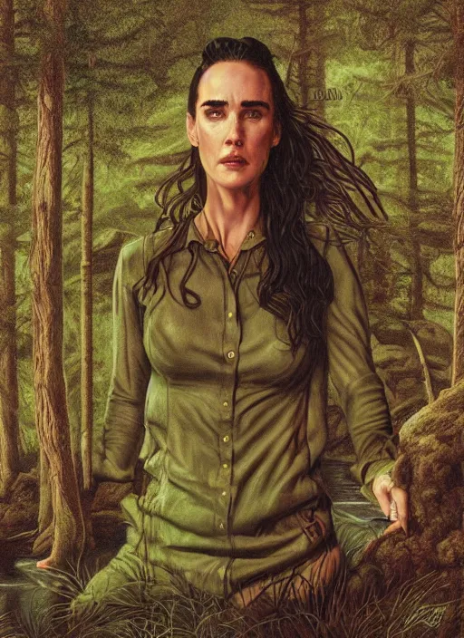 Image similar to portrait of jennifer connelly in searching in the woods standing before the mysterious small pond, twin peaks poster art, from scene from twin peaks, by michael whelan, artgerm, retro, nostalgic, old fashioned