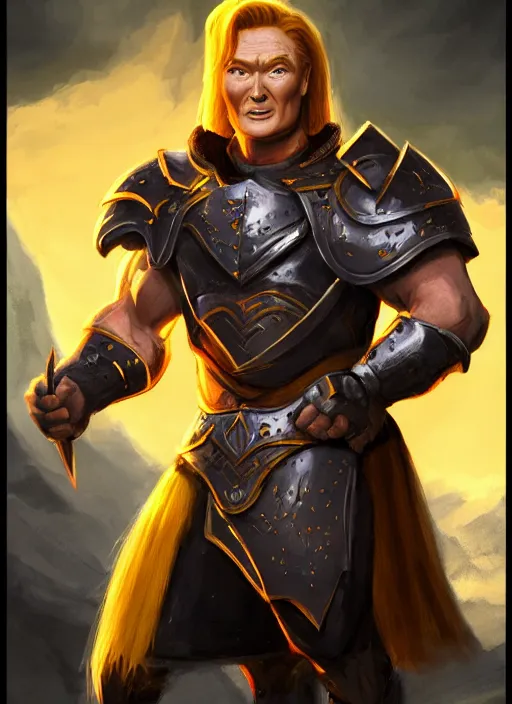 Image similar to profile of conan o'brien as a paladin with short blond hair and big muscles, yellow hair, casting a protection spell, cell shaded, octane, trending on artstation