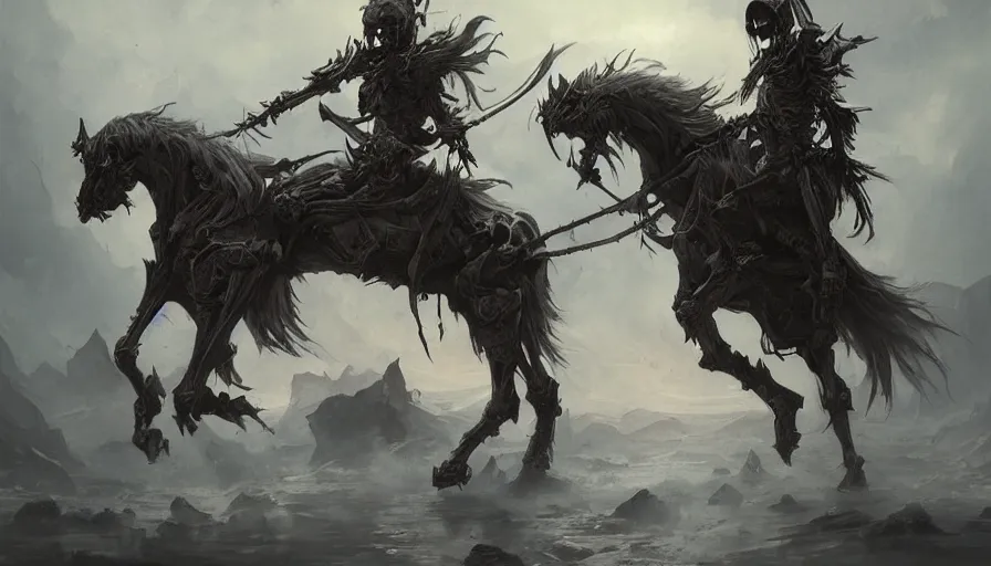 Image similar to A beautiful highly detailed epic painting of the Grim reaper riding a skeletal undead horse by greg rutkowski and Kalin Popov, Trending on artstation HD.