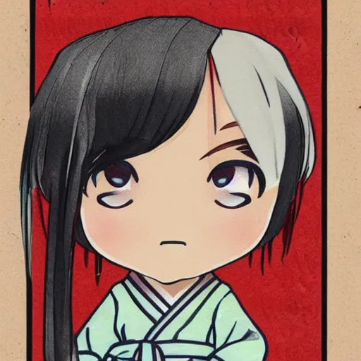 Image similar to character face concept art of a singular kawaii chibi in the sytle of japanese wood print, on simple background, water color nendoroid, anime waifu, ukiyoe