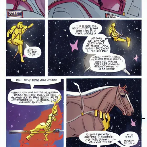 Image similar to a horse rides an astronaut, marvel comics page