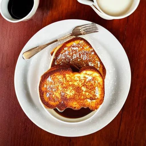 Prompt: French toast a cup of coffee with milk beside of the plate, Michelin star, award winning