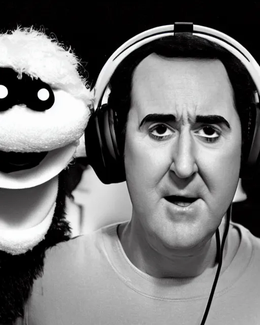 Image similar to actor Andy Kaufman as a muppet wearing noise cancellation headphones, Hyperreal, Studio Lighting