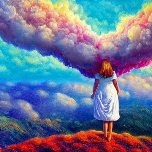 Image similar to giant flower head, frontal, woman standing on mountain, surreal photography, stormy sky, colorful clouds, impressionist painting, digital painting, artstation, rob gonsalves