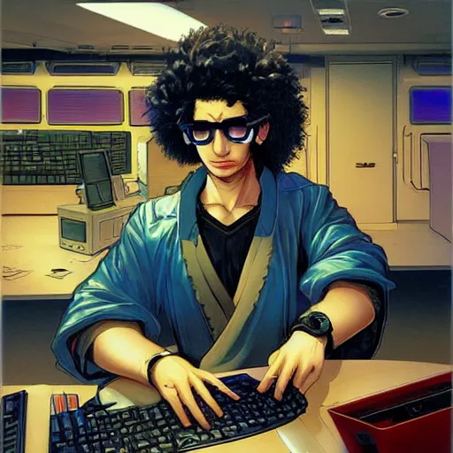 Prompt: a beautiful cyberpunk painting of a curly-haired persian guy wearing round glasses in a bright computer lab by Masamune Shirow