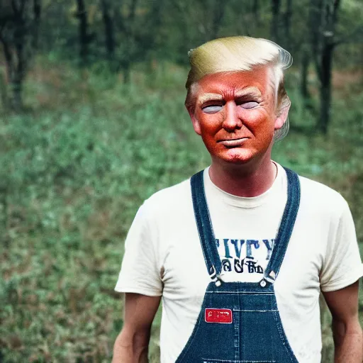 Image similar to far view, extremely skinny malnourished donald trump, wearing dirty overalls, dirty greasy face, grin, portrait, close up, kodak gold 2 0 0, 5 0 mm,