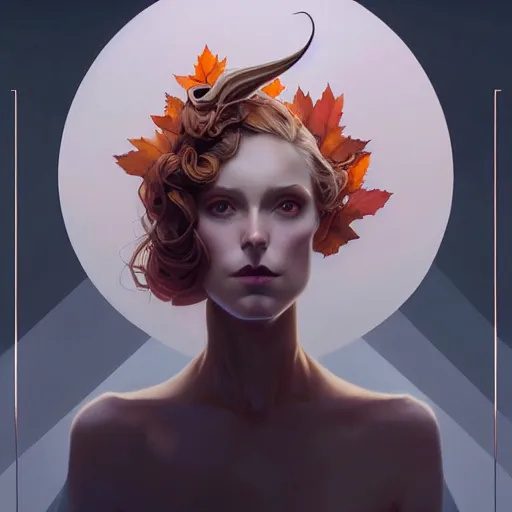 Image similar to in the style of joshua middleton, peter mohrbacher, artgerm, tom bagshaw, gorgeous stella maeve magician, realistic character concept, bird's eye overhead shot, elegant pose, spooky, illustration, symmetrical face and body, volumetric lighting, detailed realistic symmetrical eyes, 8 k, single face, insanely detailed and intricate elegant, autumn leaves