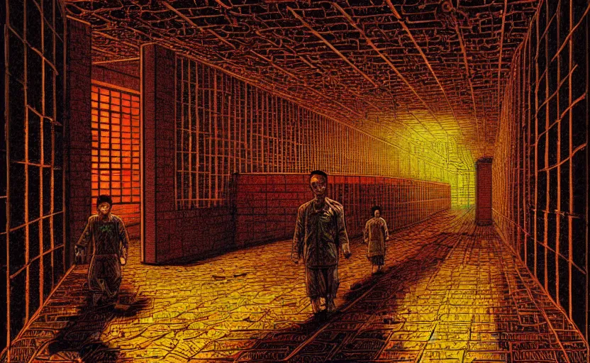 Image similar to artwork of a chinese prison by dan mumford and toshi yoshida and peter doig, vintage scifi, highly detailed, dramatic lighting, 8 k