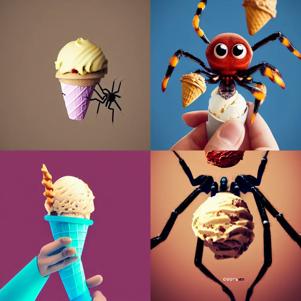 Prompt: a cute spider holding an ice cream cone the spider is eating the ice cream cone, A cute spider, bold colors, octane render, realistic reflections, studio lighting