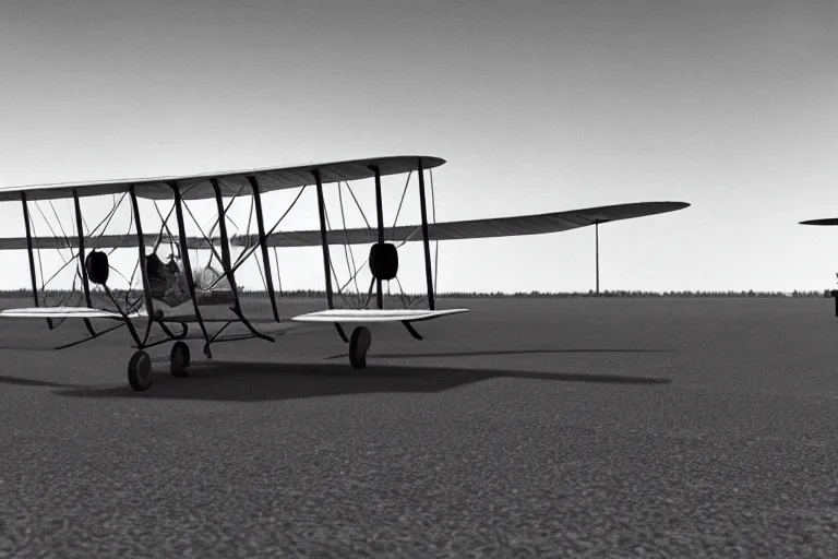 Image similar to still photo of the wright brothers taking off an airplane for the first time, black and white color photograph, highly detailed, photorealistic shot, bright studio setting, studio lighting, crisp quality and light reflections, unreal engine 5 quality render