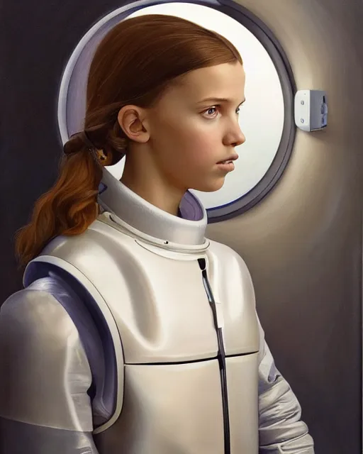 Image similar to a window - lit realistic portrait painting of a thoughtful girl resembling a young, shy, redheaded alicia vikander or millie bobby brown wearing a futuristic reflective spacesuit by a spaceship porthole, highly detailed, intricate, by vermeer