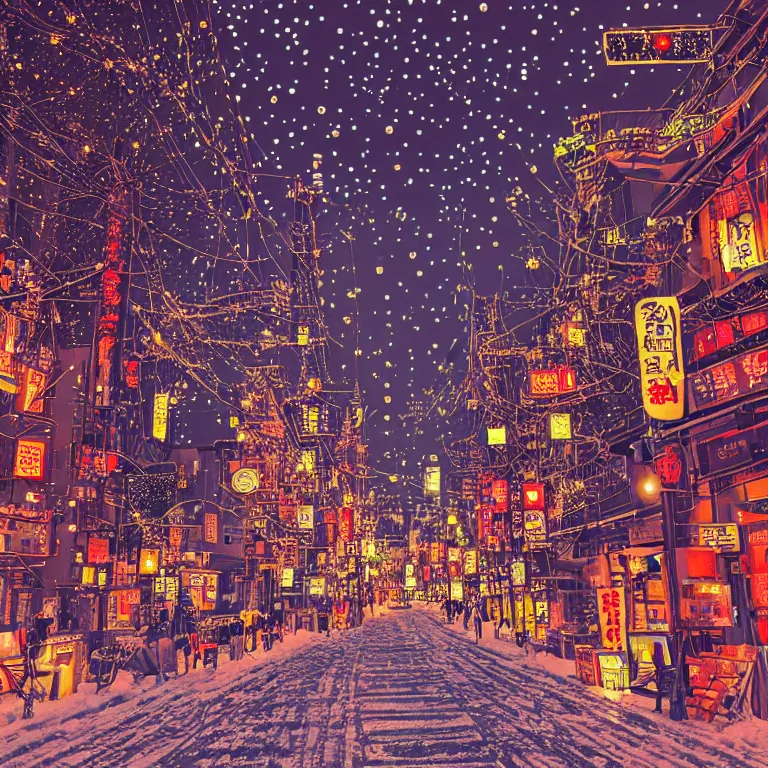 Image similar to illustration of osaka with many lights and lens flares, snowy winter christmas night