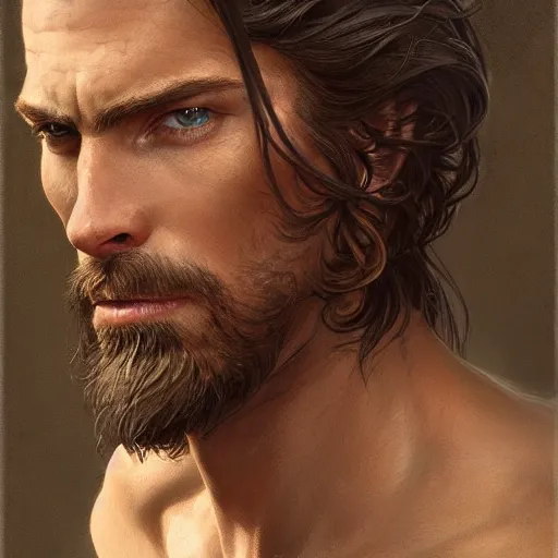 Image similar to portrait of a young, ruggedly handsome ranger, soft hair, muscular, half body, leather, hairy, d & d, fantasy, intricate, elegant, highly detailed, digital painting, artstation, concept art, smooth, sharp focus, illustration, art by artgerm and greg rutkowski and alphonse mucha