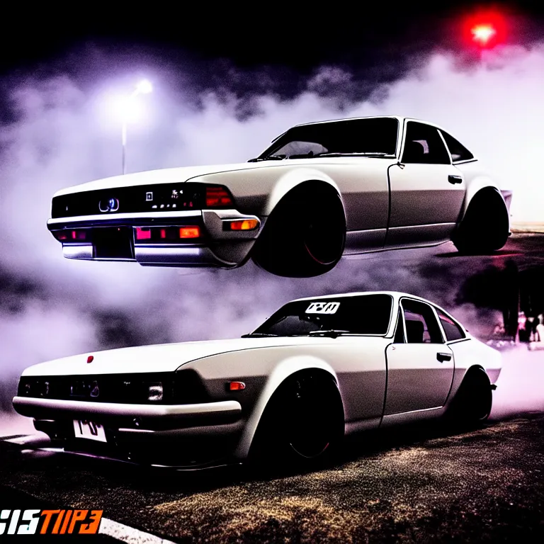 Image similar to a car S30 twin turbo drift at illegal car meet, Gunma prefecture, city midnight mist lights, cinematic lighting, photorealistic, highly detailed wheels, high detail