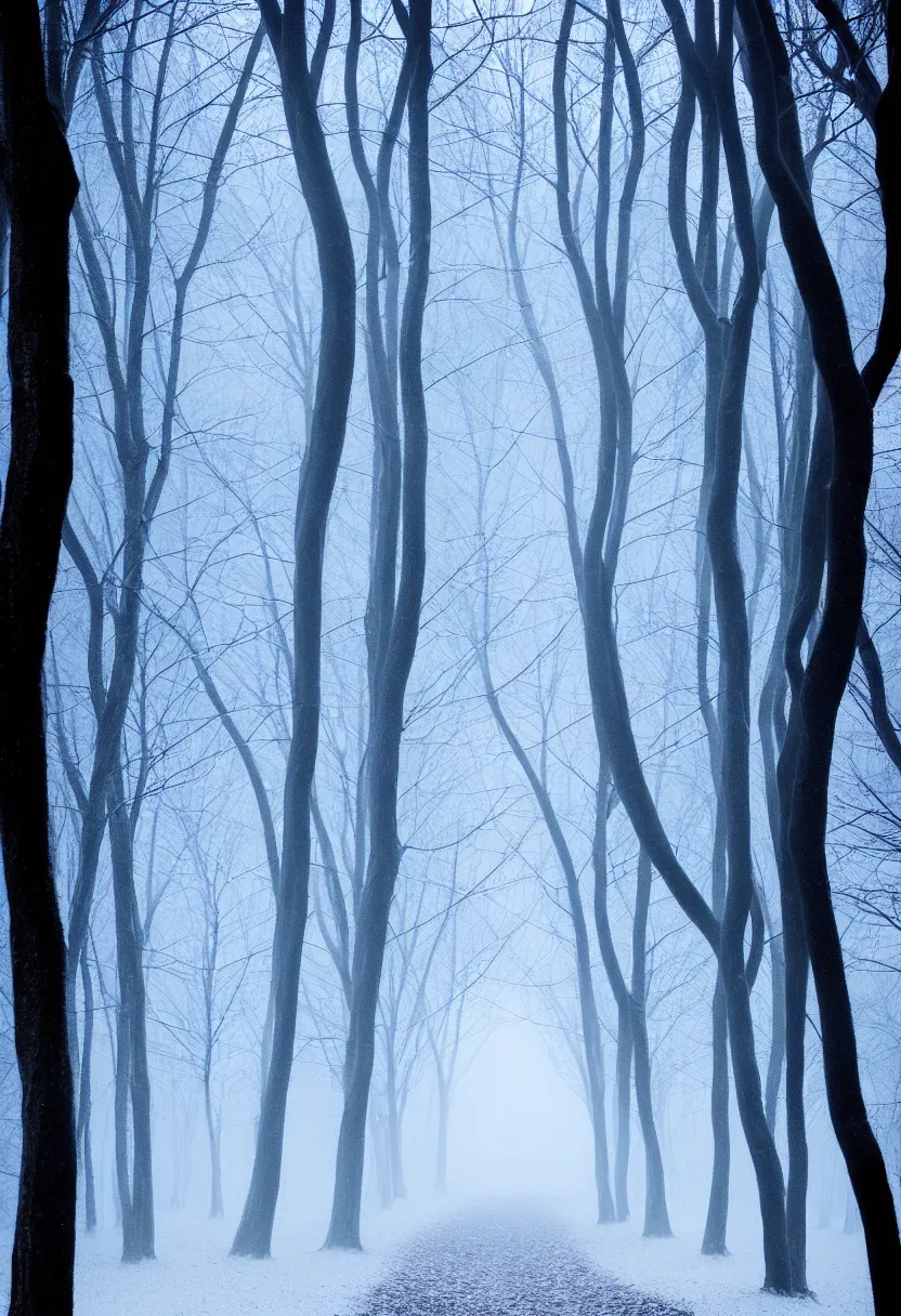 Prompt: eerie photo of a backlit path in the middle of a frozen winter morning spooky forest, treelined, fog, award winning photography, mystical, ultra high definition, ultra detailed,
